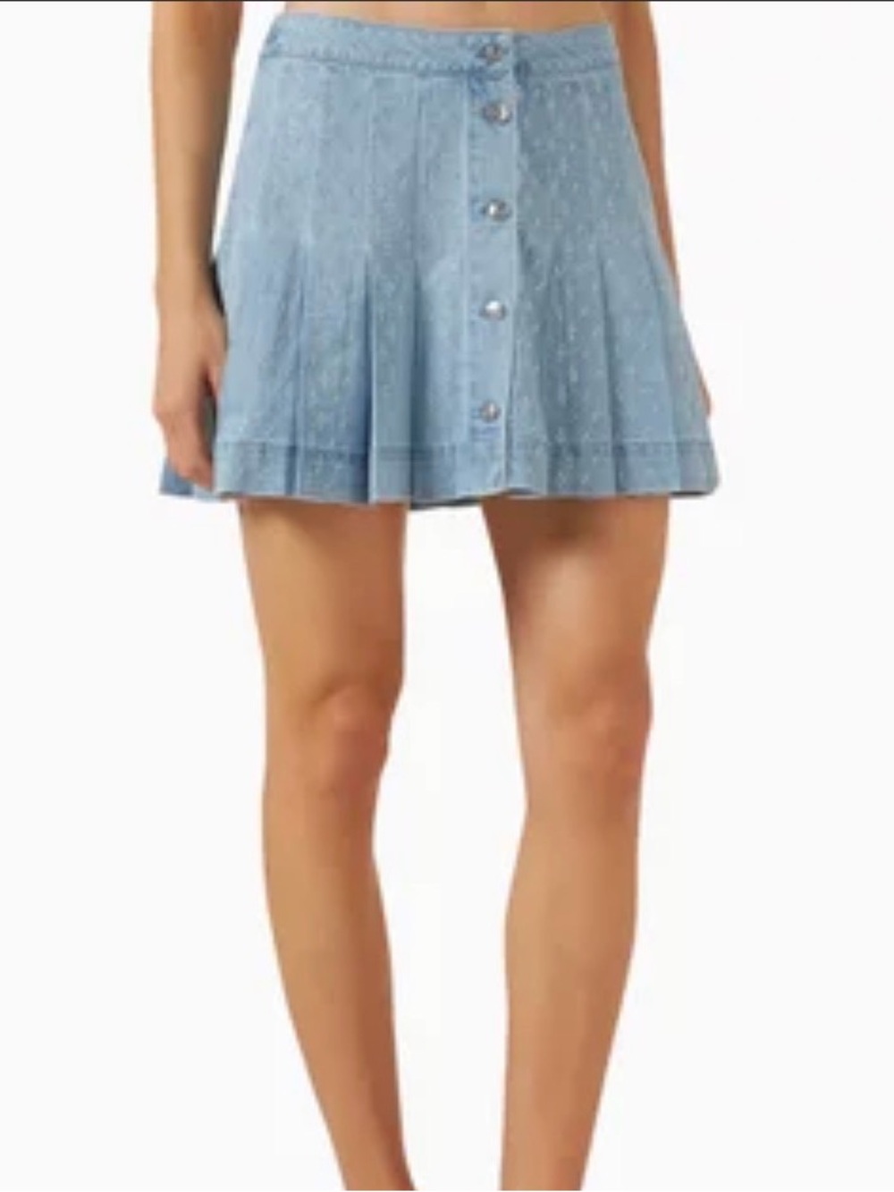 Maje Light Blue Pleated Denim Mini Skirt with Metallic Detail